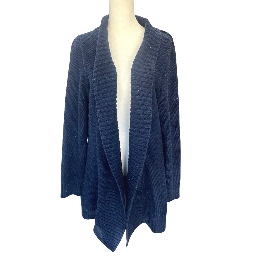 LL Bean Women's Blue Cotton Blend Open Front‎ Knit Cardigan Sweater Size L